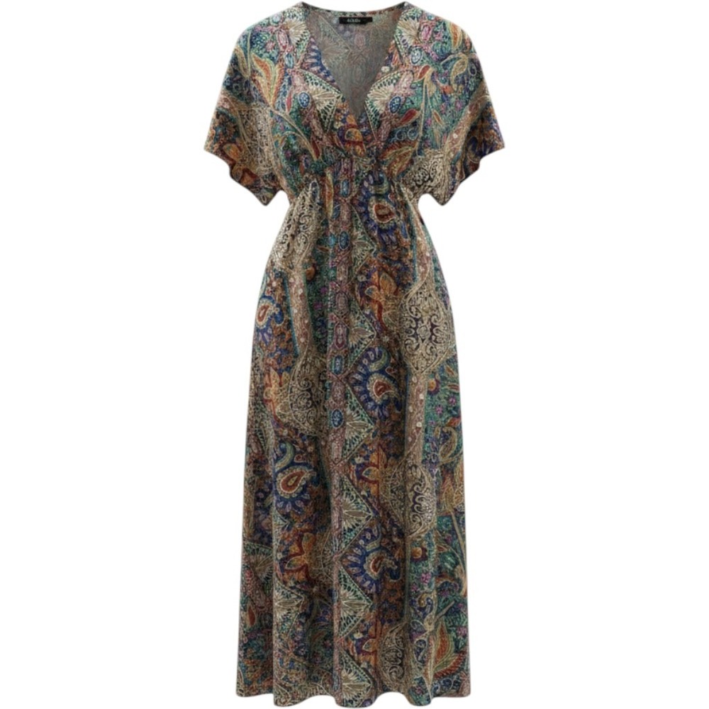 SHEIN Womens Paisley Floral Boho Maxi Dress Multicolor V-Neck Empire Waist Small